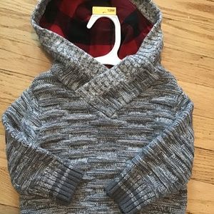 Gray sweater with plaid interior hood